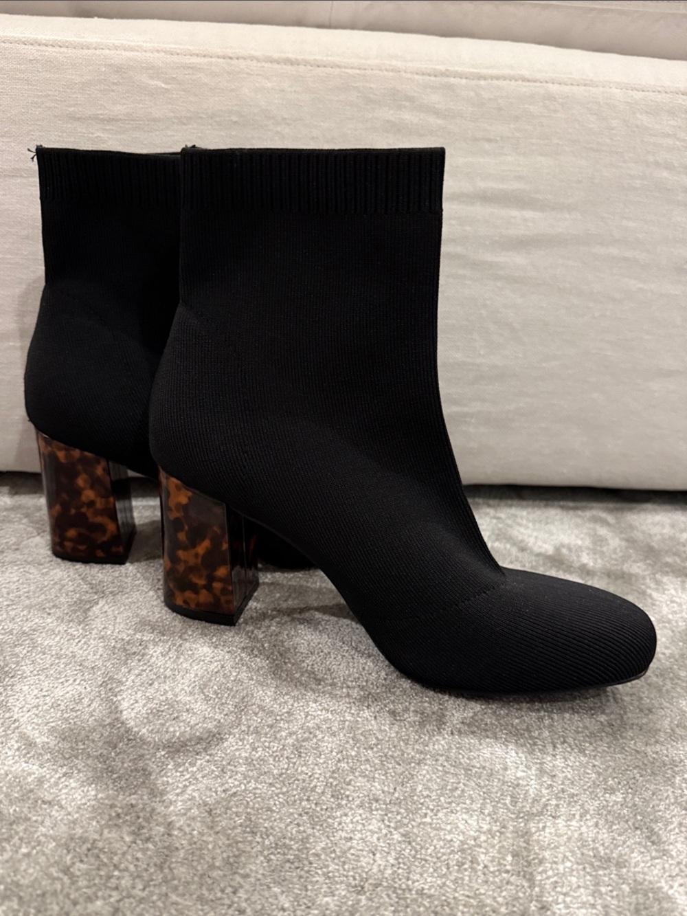 MIA Black Knit Ankle Booties with Tortoiseshell Block Heel